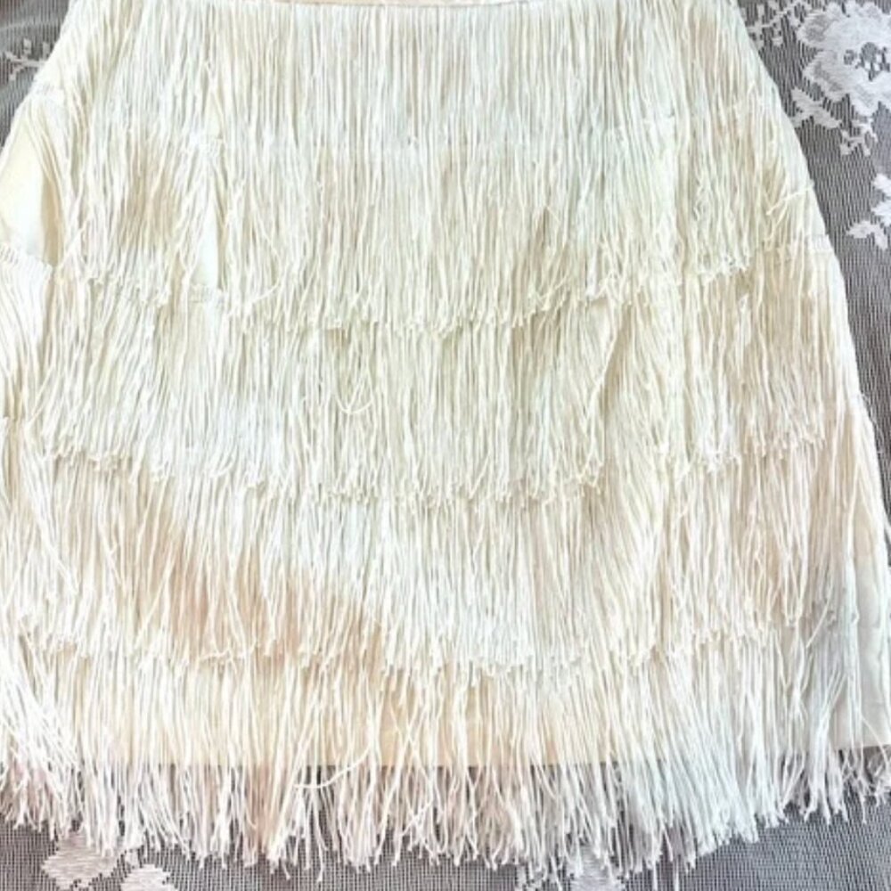 Fringe Y2K Festival Party Cocktail Skirt XL 12 14 Mini Stretch White Coastal Boh
